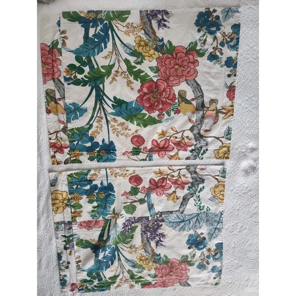 2/RARE Pottery Barn Zinnia Bird STANDARD SHAMS Floral Red Teal Blue Asian EUC